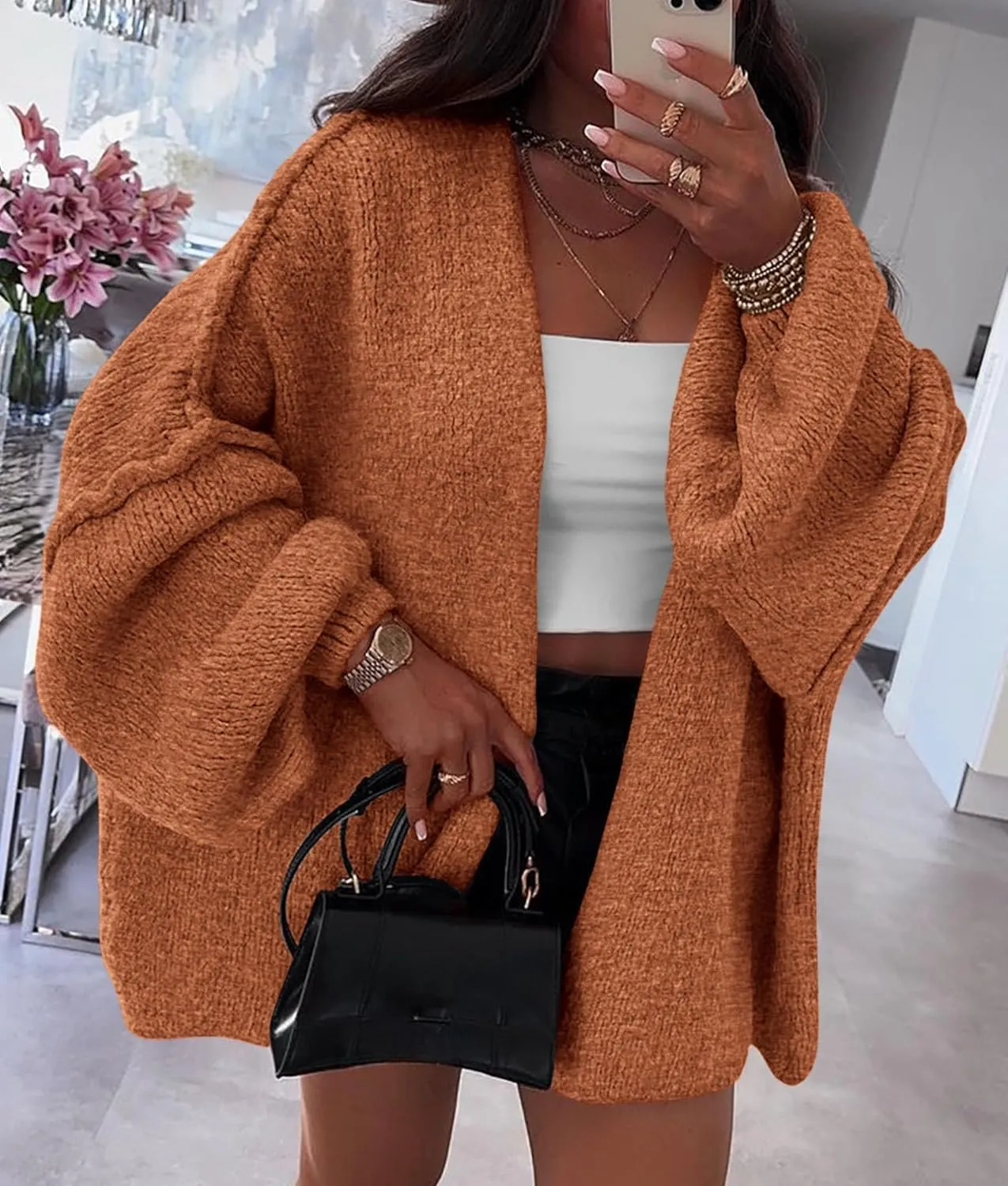 PRETTYGARDEN Womens Oversized Cardigan Sweaters 2025 Fall Long Lantern Sleeve Knit Open Front Lightweight Sweater