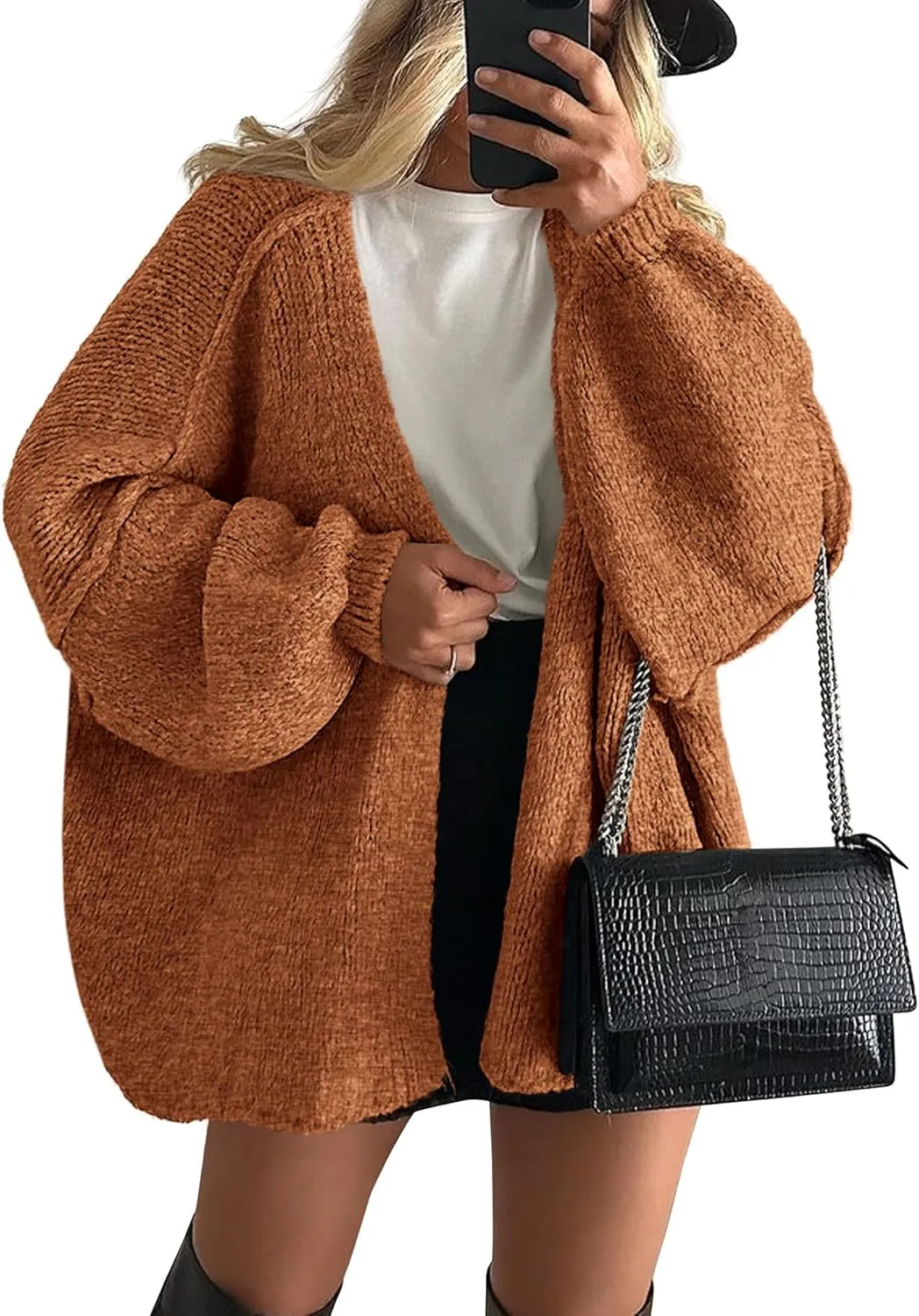 PRETTYGARDEN Womens Oversized Cardigan Sweaters 2025 Fall Long Lantern Sleeve Knit Open Front Lightweight Sweater