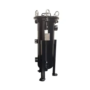PRM #1 Carbon Steel Bag Filter Housing, 2" NPT Inlet, Dual Side/Bottom 2" NPT Outlet, 150 PSI, 75 GPM Flow, Epoxy Coated, FKM O-Rings, Stainless Steel Strainer Basket, 3-Leg Mount