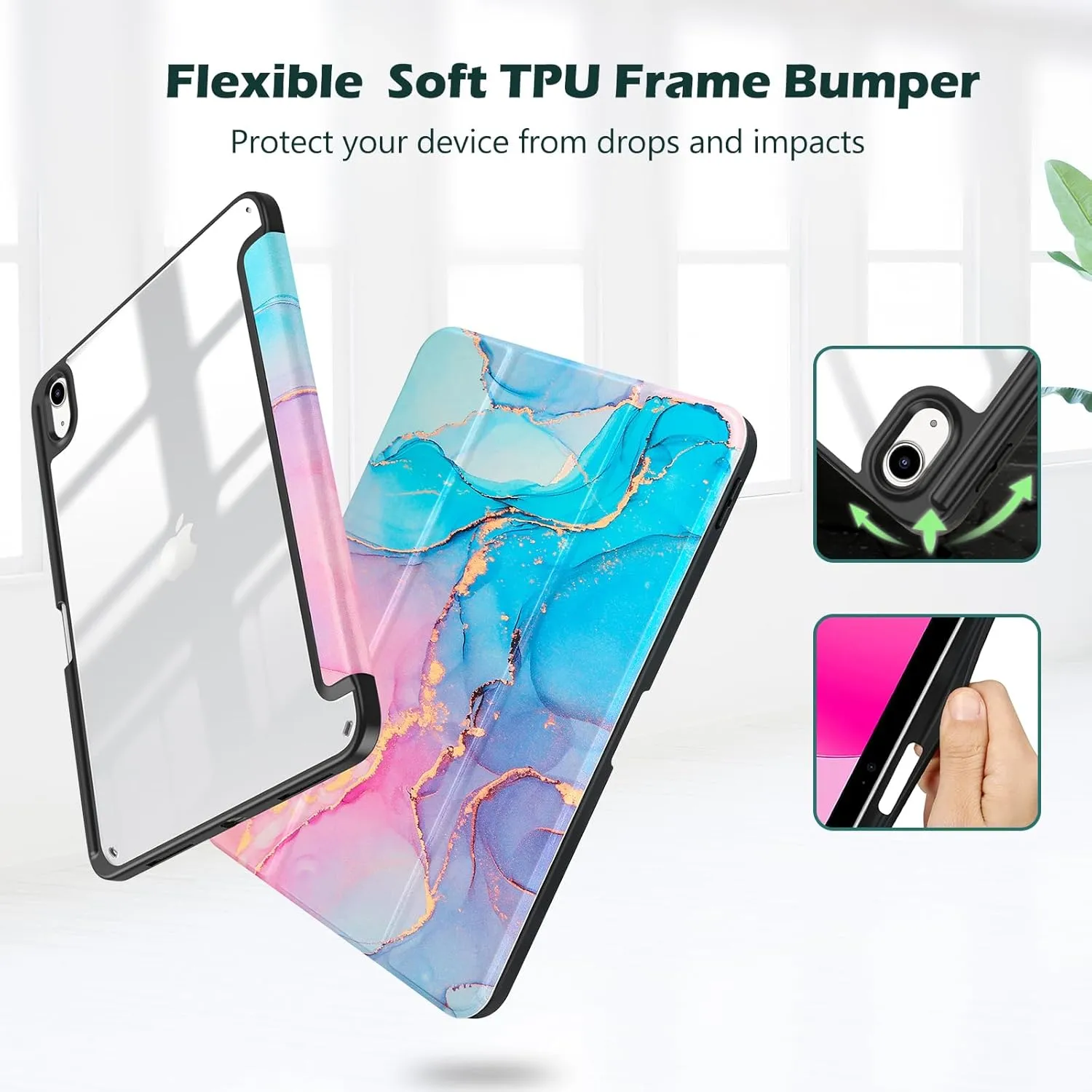 ProCase for iPad (A16) 11th Generation 11 Inch 2025/10th Generation 10.9 Inch 2022 Case with Pencil Holder, Hybrid iPad 11 10 Case with Clear Back, Supports Auto Wake/Sleep -Bluemarble