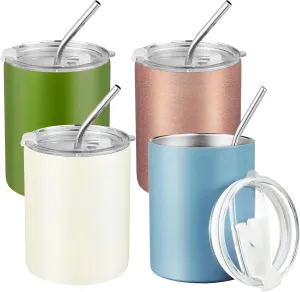 Puraville 4 Pack 12 oz Insulated Tumbler with Lid and Straw, Stainless Steel Double Walled Coffee Cup with Lid set of 4, Vacuum Reusable Leak Proof Travel Coffee Mug for Multiple Occasions