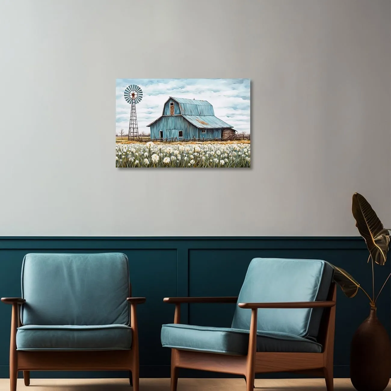 QIXIANG Turquoise Barn Canvas Wall Art Rustic Teal Old Barn and Windmill Flowers Painting Prints for Kitchen Home Decor Framed (16.00" x 24.00")