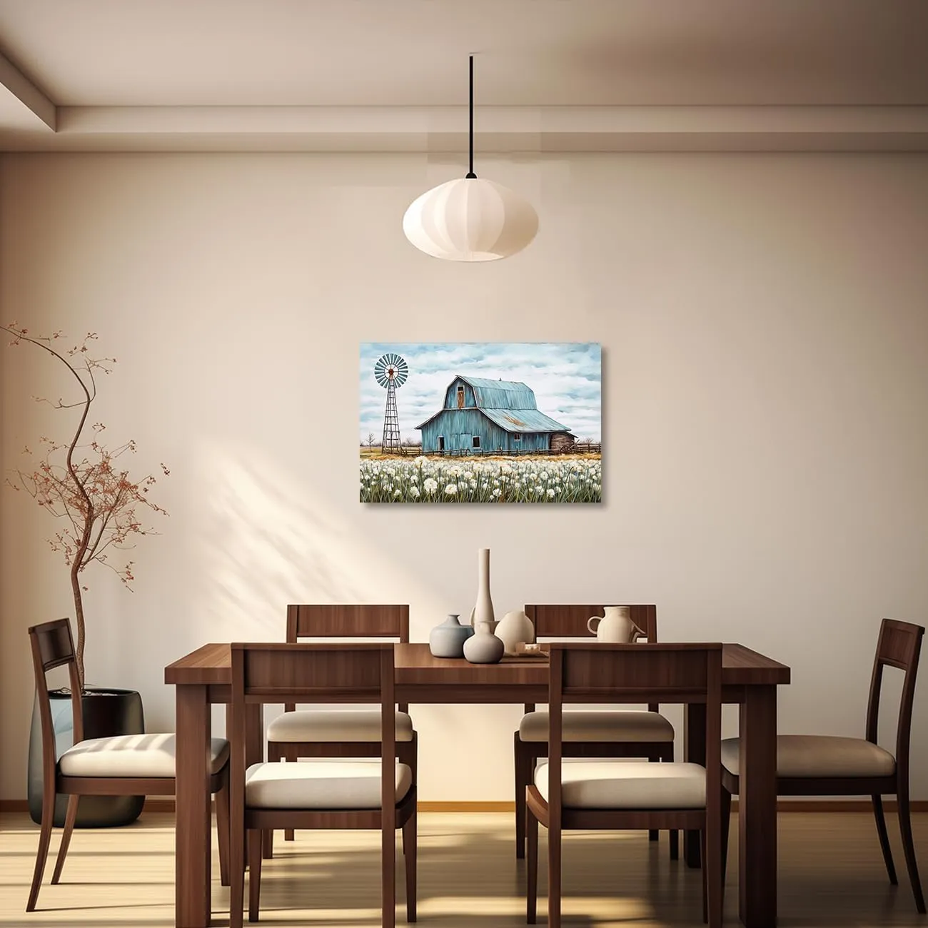 QIXIANG Turquoise Barn Canvas Wall Art Rustic Teal Old Barn and Windmill Flowers Painting Prints for Kitchen Home Decor Framed (16.00" x 24.00")
