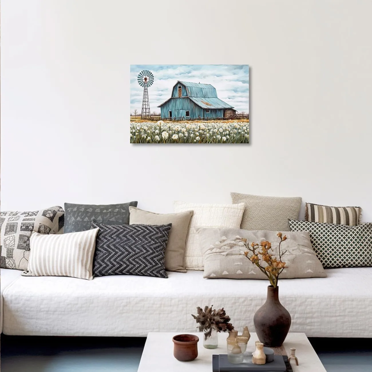 QIXIANG Turquoise Barn Canvas Wall Art Rustic Teal Old Barn and Windmill Flowers Painting Prints for Kitchen Home Decor Framed (16.00" x 24.00")