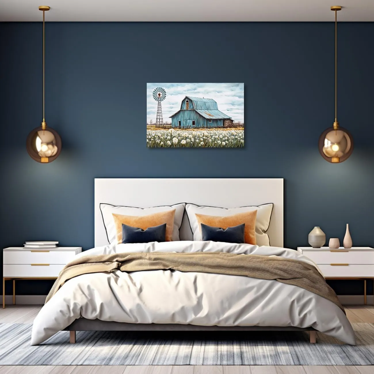 QIXIANG Turquoise Barn Canvas Wall Art Rustic Teal Old Barn and Windmill Flowers Painting Prints for Kitchen Home Decor Framed (16.00" x 24.00")
