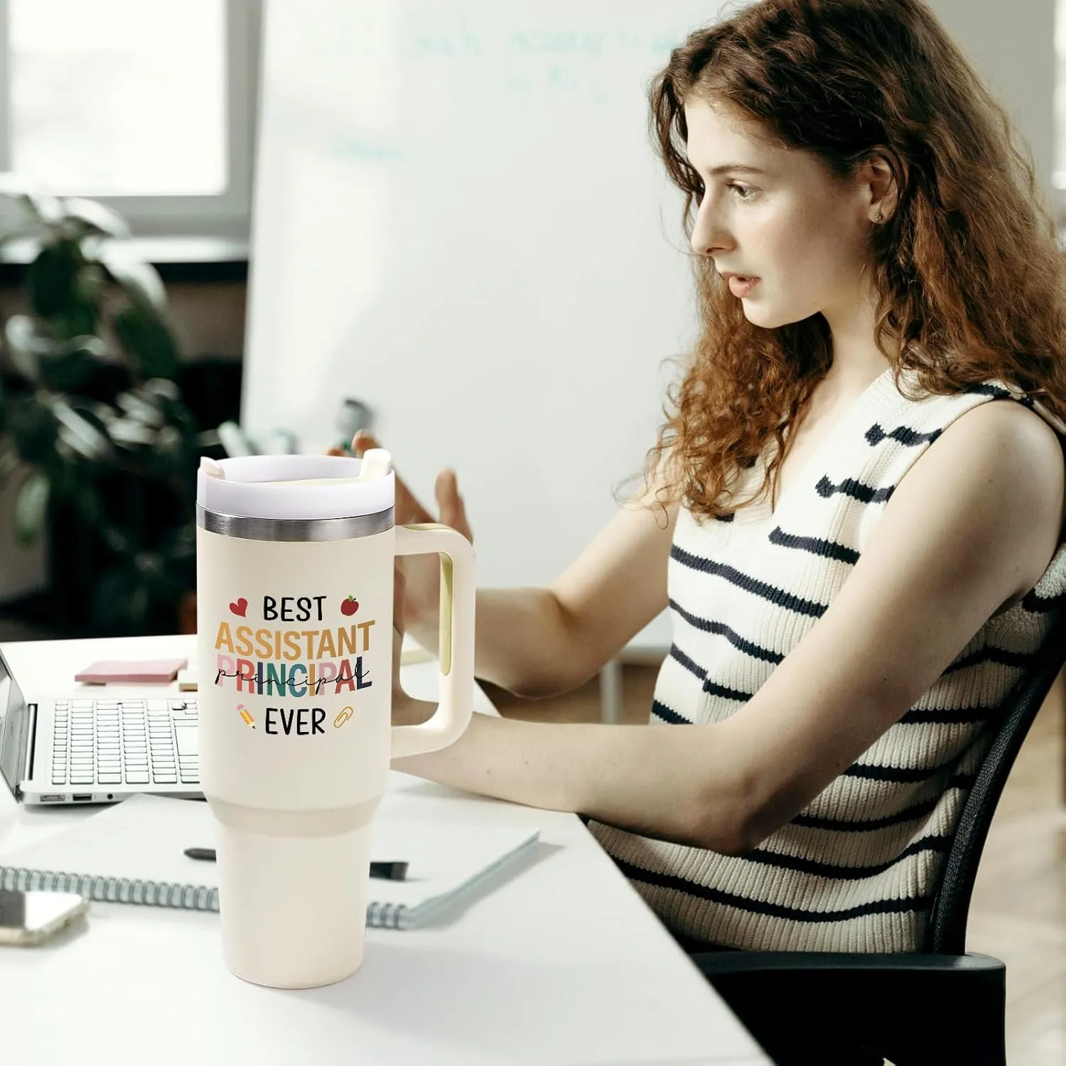 Qtencas Assistant Principal Gifts, Best Assistant Principal Ever Stainless Steel Insulated Travel Tumbler, Administrative Professional Day Gift for Principal Appreciation (40oz, Creamy)