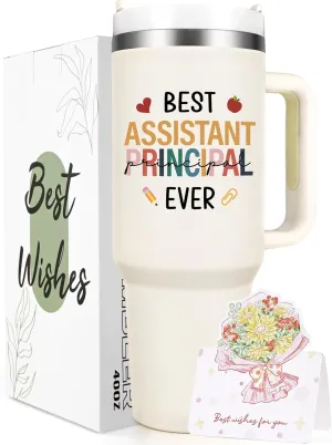 Qtencas Assistant Principal Gifts, Best Assistant Principal Ever Stainless Steel Insulated Travel Tumbler, Administrative Professional Day Gift for Principal Appreciation (40oz, Creamy)