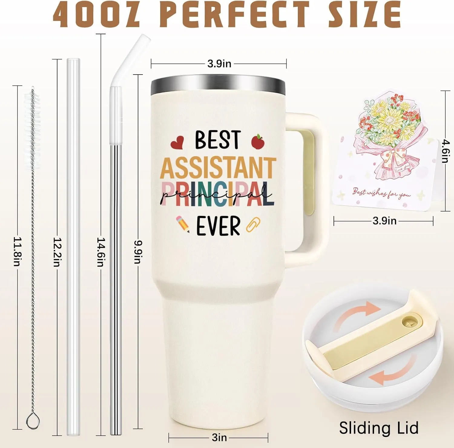 Qtencas Assistant Principal Gifts, Best Assistant Principal Ever Stainless Steel Insulated Travel Tumbler, Administrative Professional Day Gift for Principal Appreciation (40oz, Creamy)