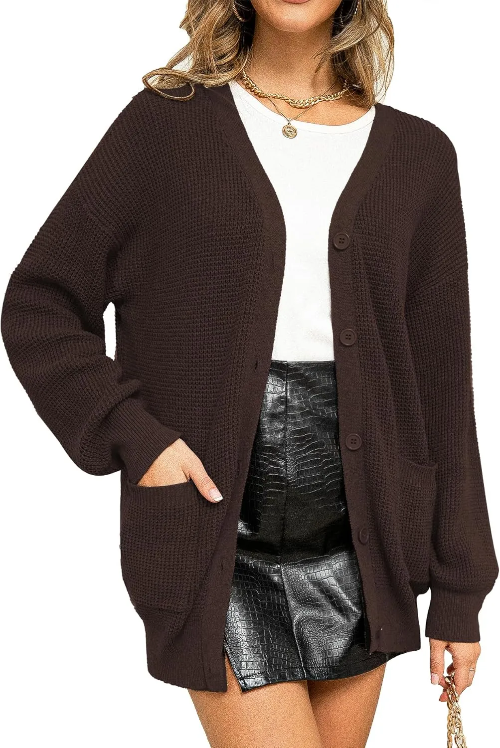 QUALFORT Women's 100% Cotton Cardigan Sweaters for Women Button Down Oversized Knit Outerwear with Pockets