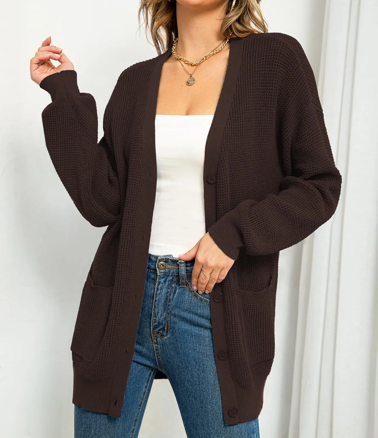 QUALFORT Women's 100% Cotton Cardigan Sweaters for Women Button Down Oversized Knit Outerwear with Pockets