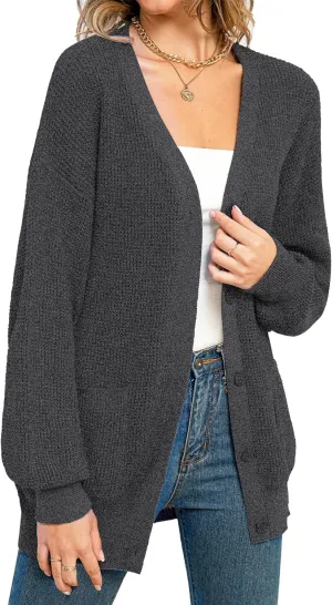 QUALFORT Women's 100% Cotton Cardigan Sweaters for Women Button Down Oversized Knit Outerwear with Pockets