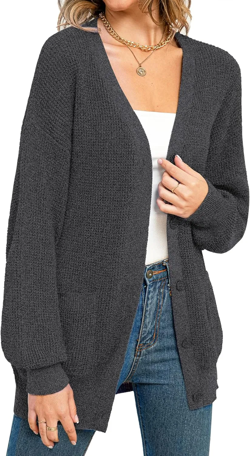QUALFORT Women's 100% Cotton Cardigan Sweaters for Women Button Down Oversized Knit Outerwear with Pockets