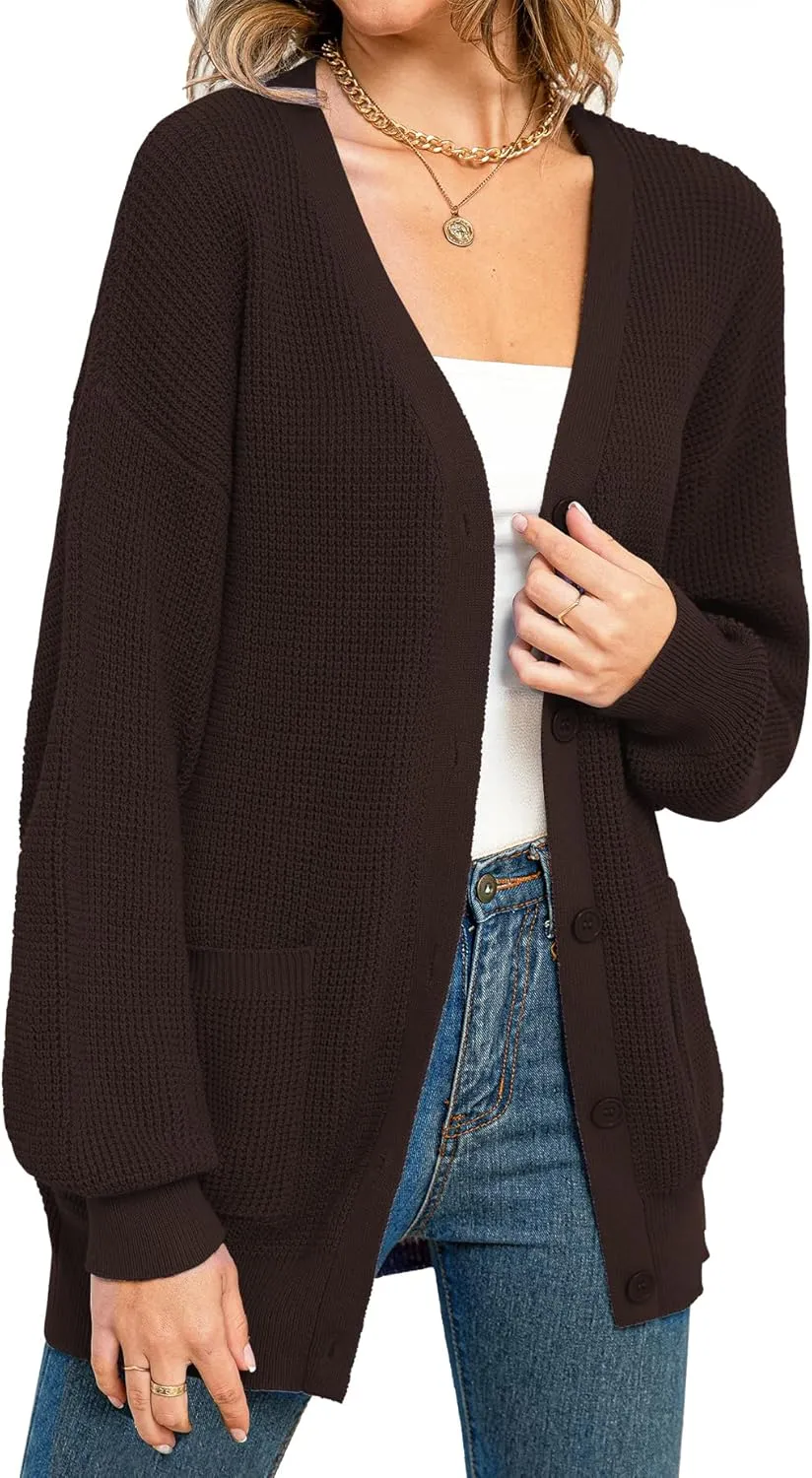 QUALFORT Women's 100% Cotton Cardigan Sweaters for Women Button Down Oversized Knit Outerwear with Pockets