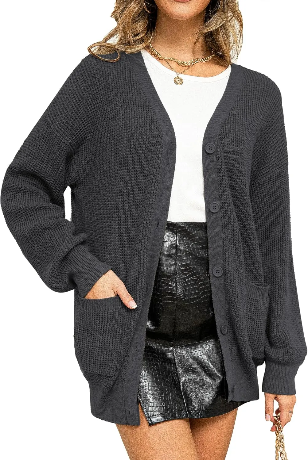 QUALFORT Women's 100% Cotton Cardigan Sweaters for Women Button Down Oversized Knit Outerwear with Pockets