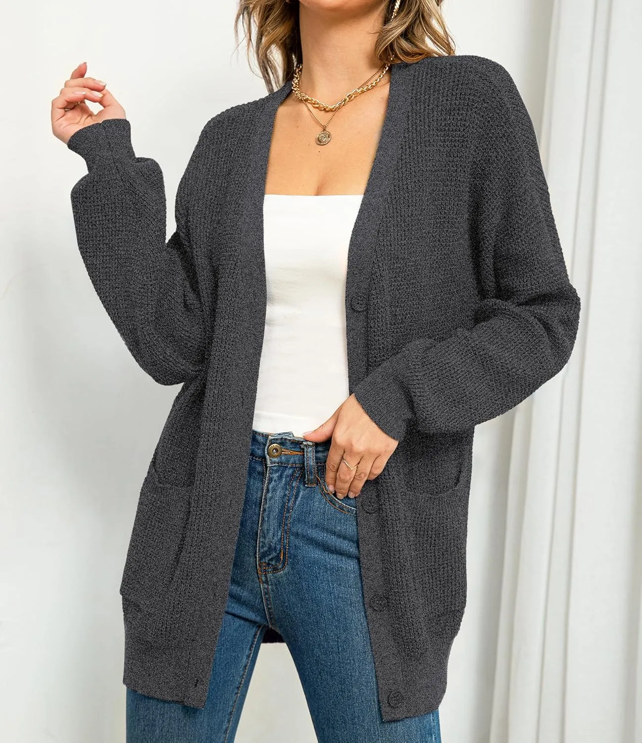 QUALFORT Women's 100% Cotton Cardigan Sweaters for Women Button Down Oversized Knit Outerwear with Pockets