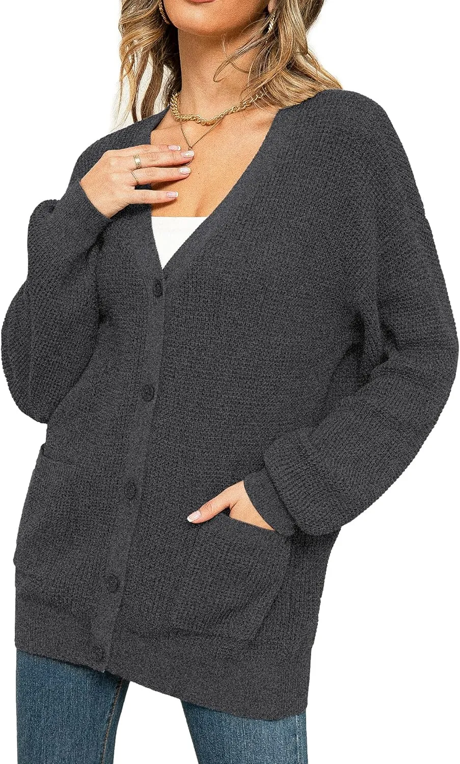 QUALFORT Women's 100% Cotton Cardigan Sweaters for Women Button Down Oversized Knit Outerwear with Pockets
