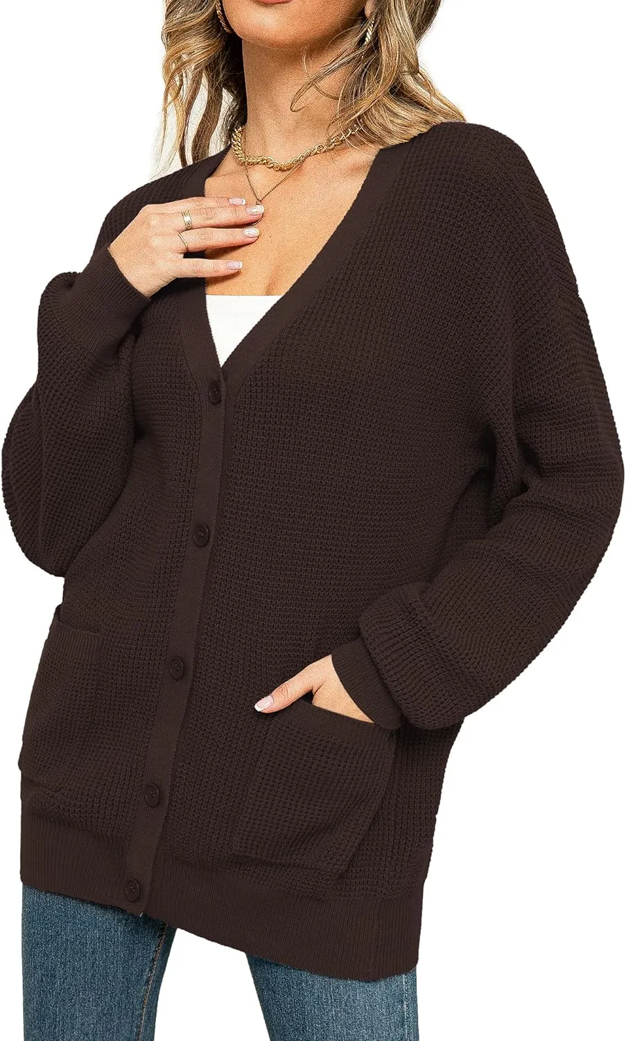 QUALFORT Women's 100% Cotton Cardigan Sweaters for Women Button Down Oversized Knit Outerwear with Pockets