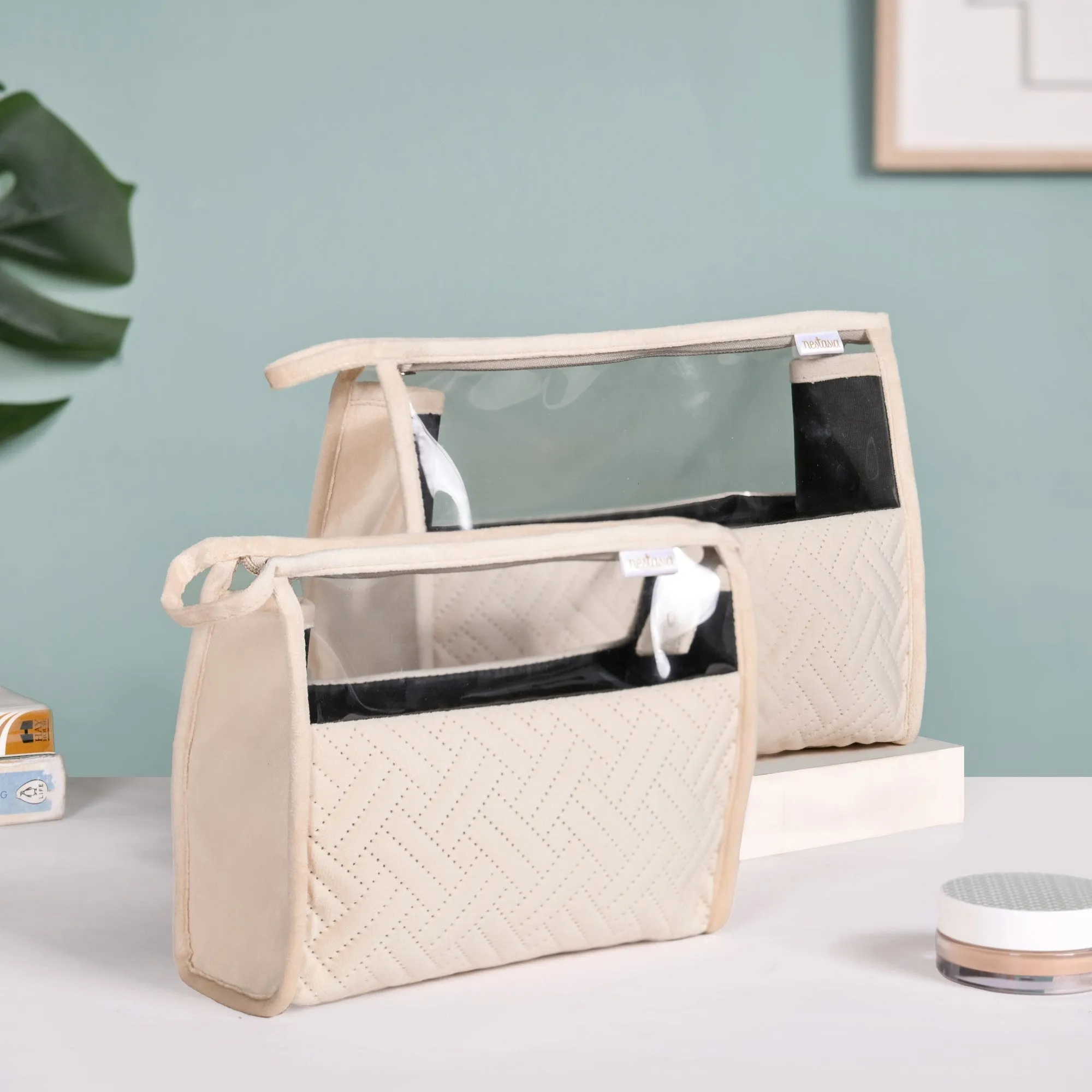 Quilted Cream White Nesting Travel Pouch Set Of 2