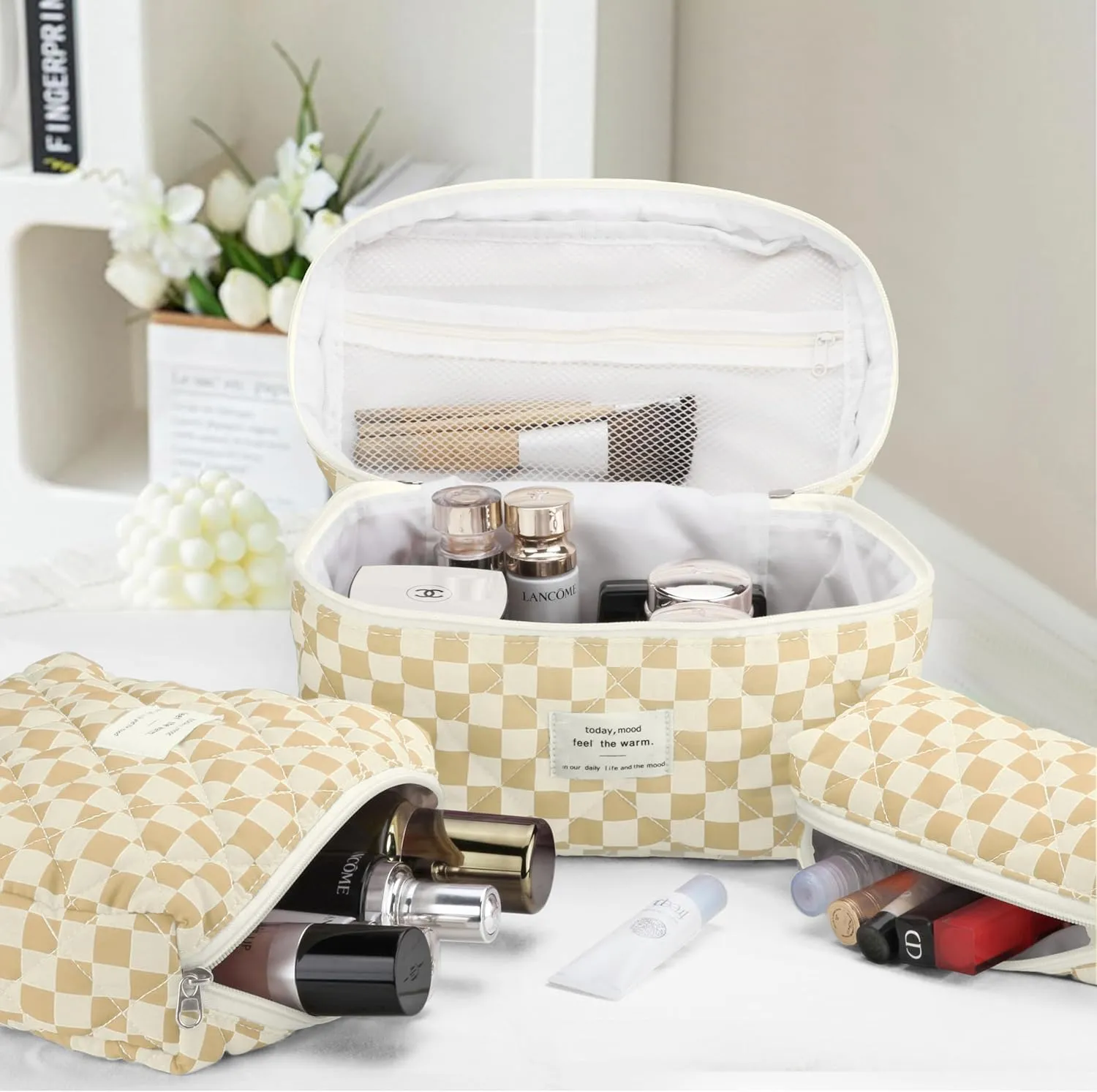 Quilted Makeup Bag Set - 3 PCS Cute Floral Cotton Makeup Bag, Large Coquette Aesthetic Make up Cosmetic Bag, Flower Travel Toiletry Organizer Bags for Women Girls (Checkered Brown)