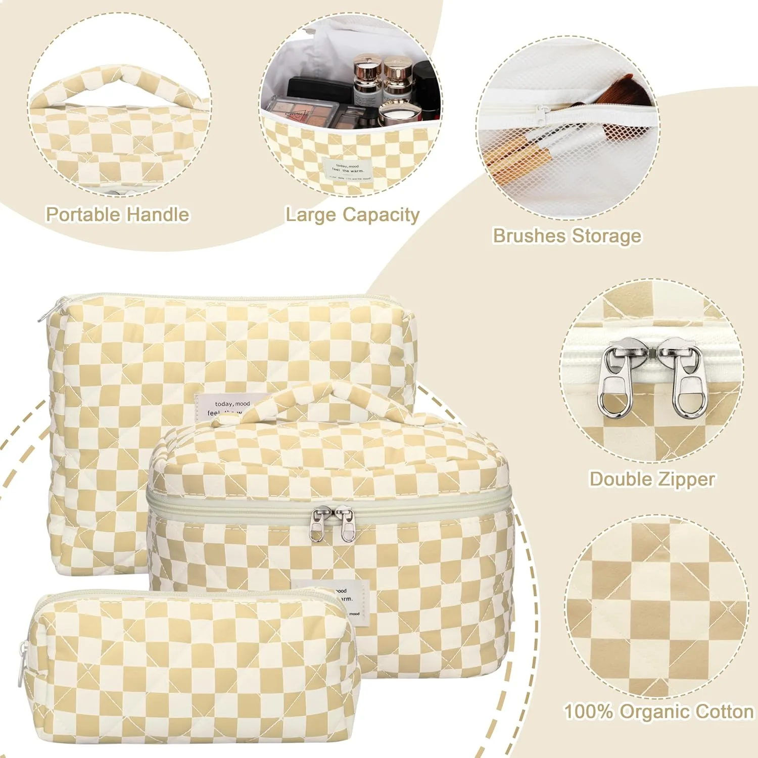 Quilted Makeup Bag Set - 3 PCS Cute Floral Cotton Makeup Bag, Large Coquette Aesthetic Make up Cosmetic Bag, Flower Travel Toiletry Organizer Bags for Women Girls (Checkered Brown)