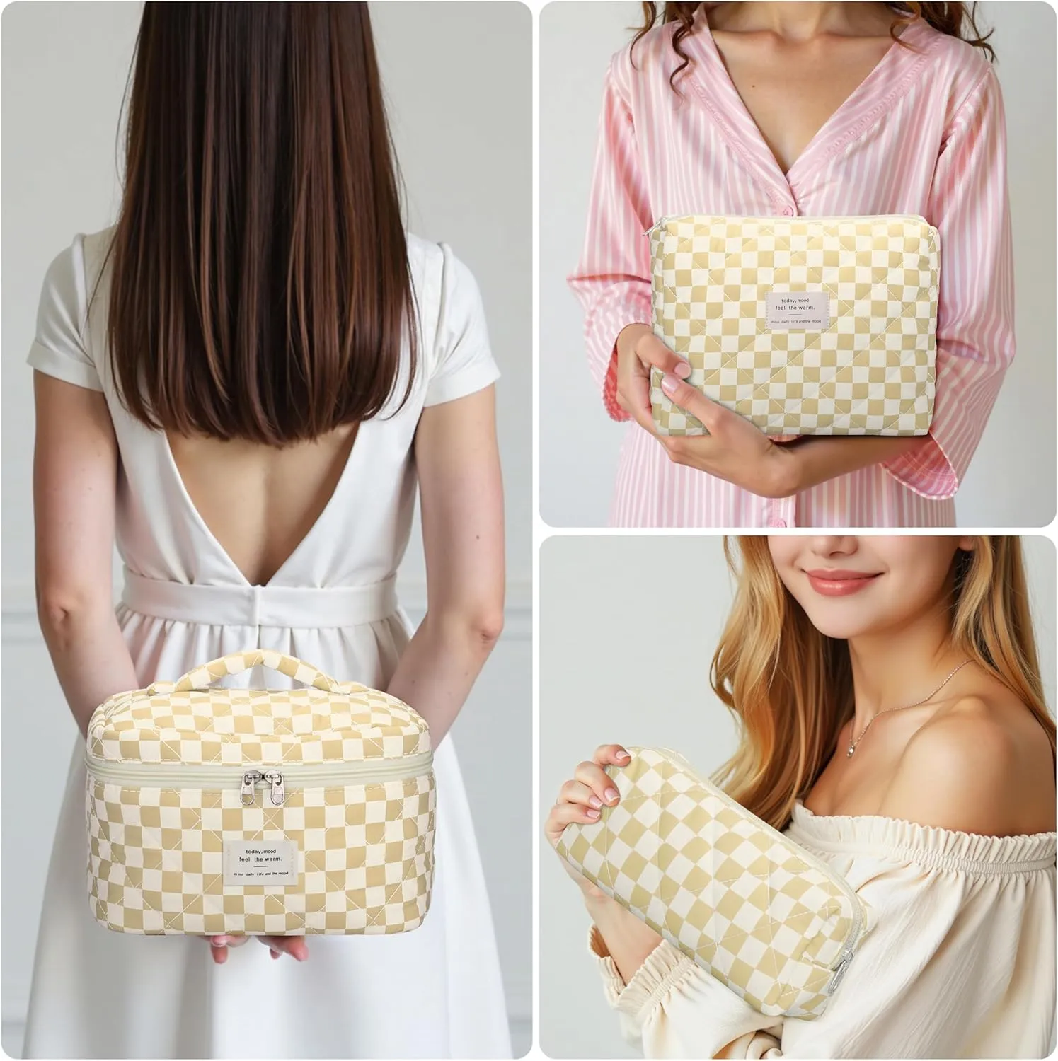 Quilted Makeup Bag Set - 3 PCS Cute Floral Cotton Makeup Bag, Large Coquette Aesthetic Make up Cosmetic Bag, Flower Travel Toiletry Organizer Bags for Women Girls (Checkered Brown)
