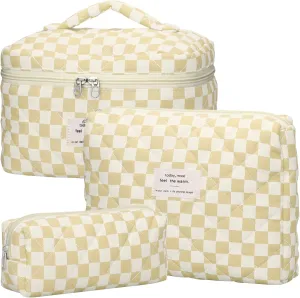 Quilted Makeup Bag Set - 3 PCS Cute Floral Cotton Makeup Bag, Large Coquette Aesthetic Make up Cosmetic Bag, Flower Travel Toiletry Organizer Bags for Women Girls (Checkered Brown)