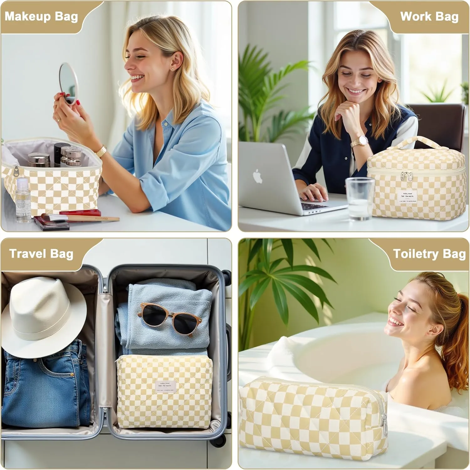 Quilted Makeup Bag Set - 3 PCS Cute Floral Cotton Makeup Bag, Large Coquette Aesthetic Make up Cosmetic Bag, Flower Travel Toiletry Organizer Bags for Women Girls (Checkered Brown)