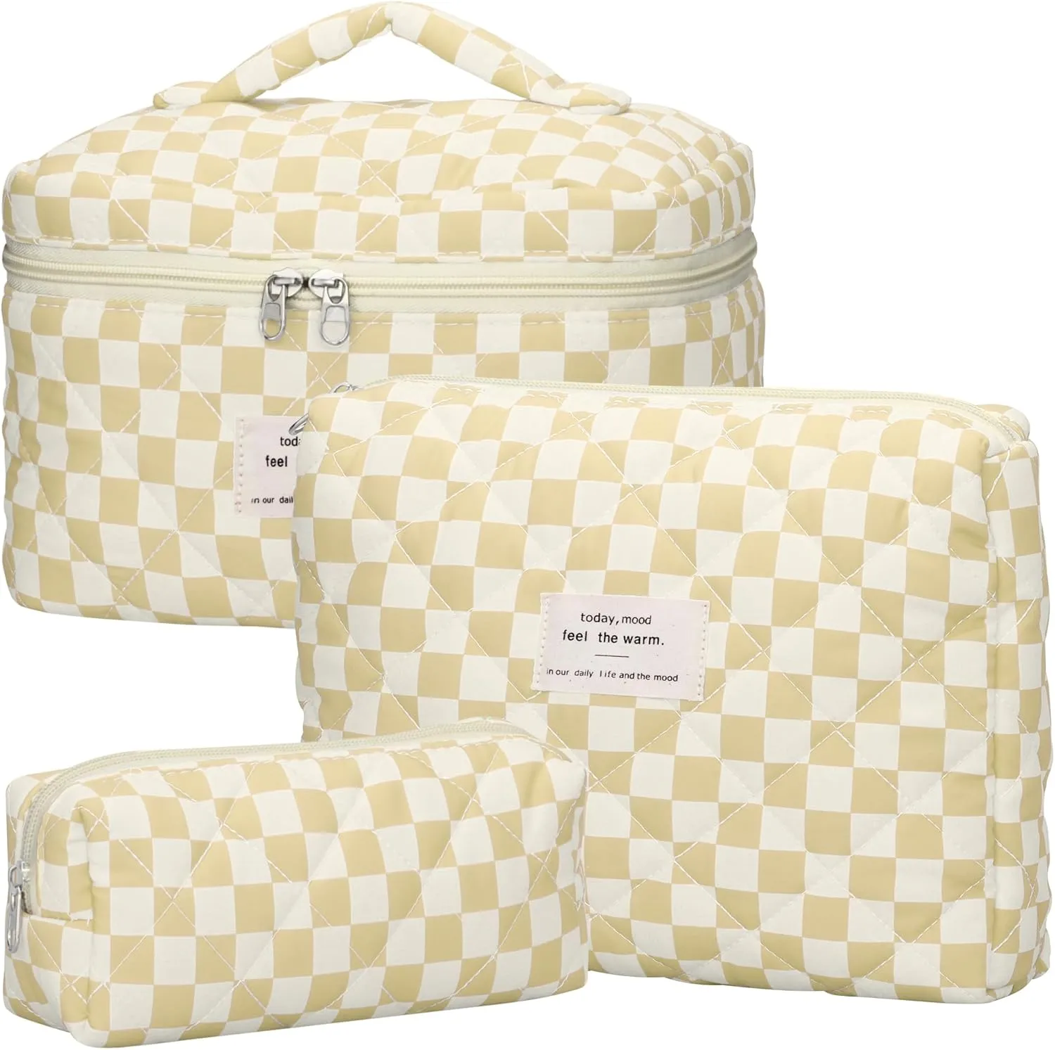 Quilted Makeup Bag Set - 3 PCS Cute Floral Cotton Makeup Bag, Large Coquette Aesthetic Make up Cosmetic Bag, Flower Travel Toiletry Organizer Bags for Women Girls (Checkered Brown)