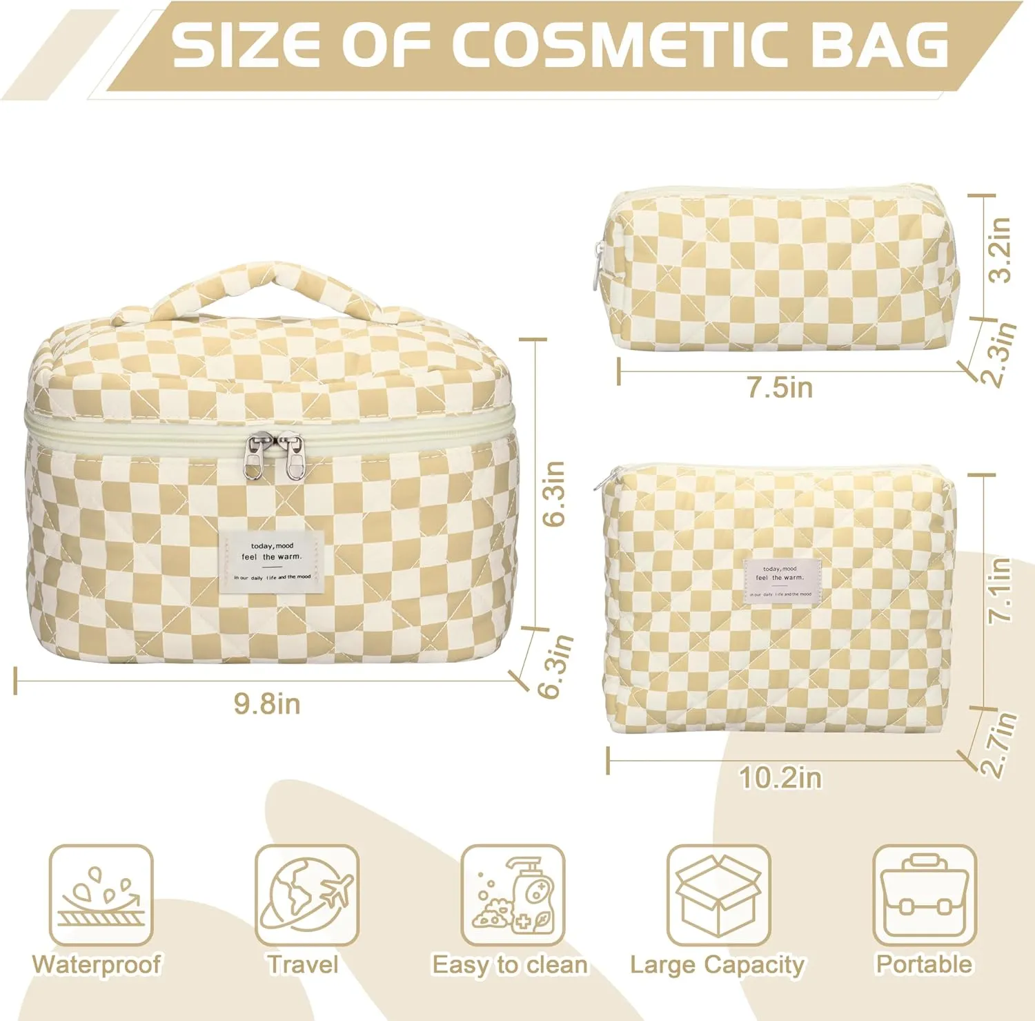 Quilted Makeup Bag Set - 3 PCS Cute Floral Cotton Makeup Bag, Large Coquette Aesthetic Make up Cosmetic Bag, Flower Travel Toiletry Organizer Bags for Women Girls (Checkered Brown)