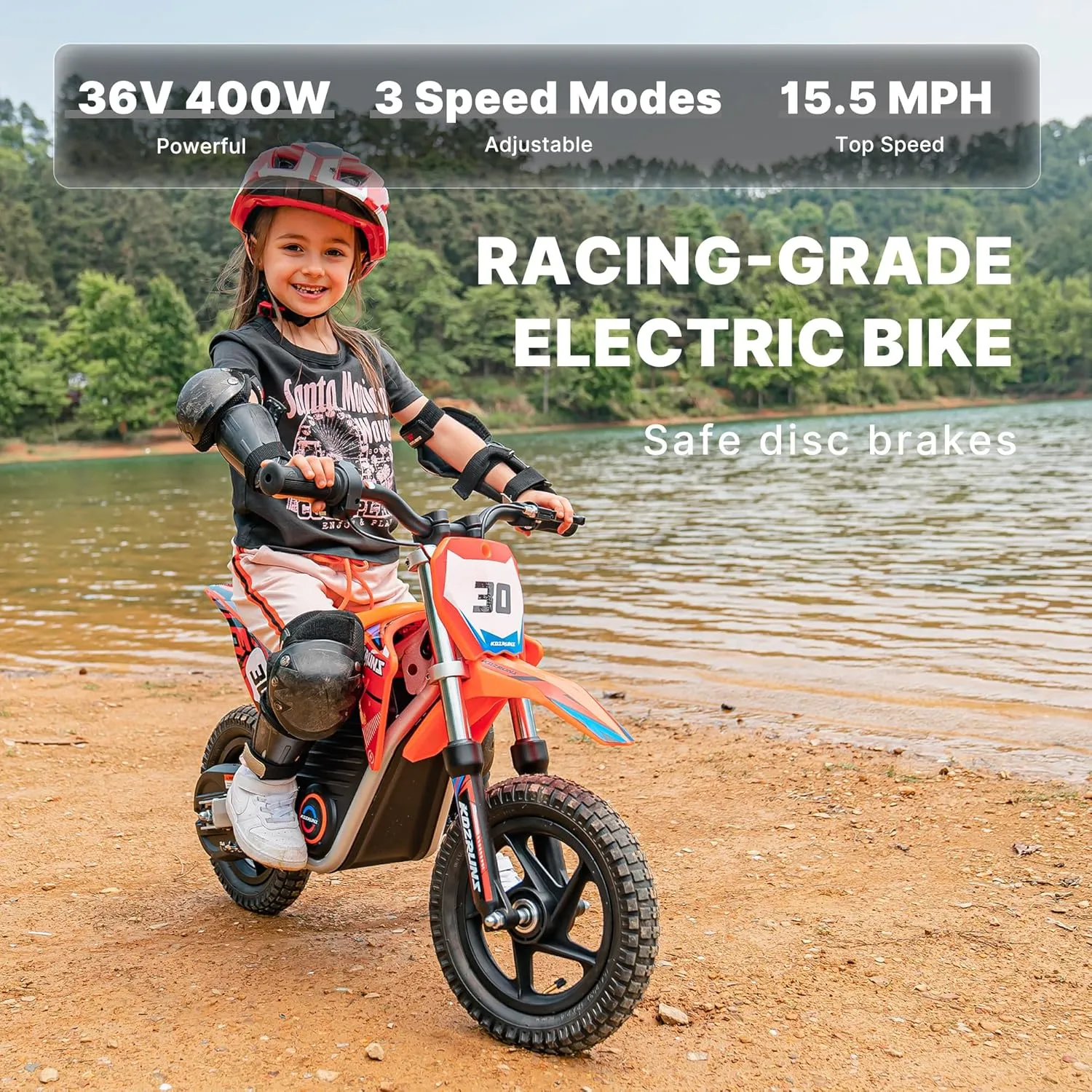 Racing Grade Electric Dirt Bike for Kids, Peak 400W Powerful Motorcycle for Ages 3-6, 36V 5.2Ah Lithium Battery, Dual Shock Absorption, 3 Speed Modes, Safe Disc Brake, 12Inch Off Road Tires, Orange