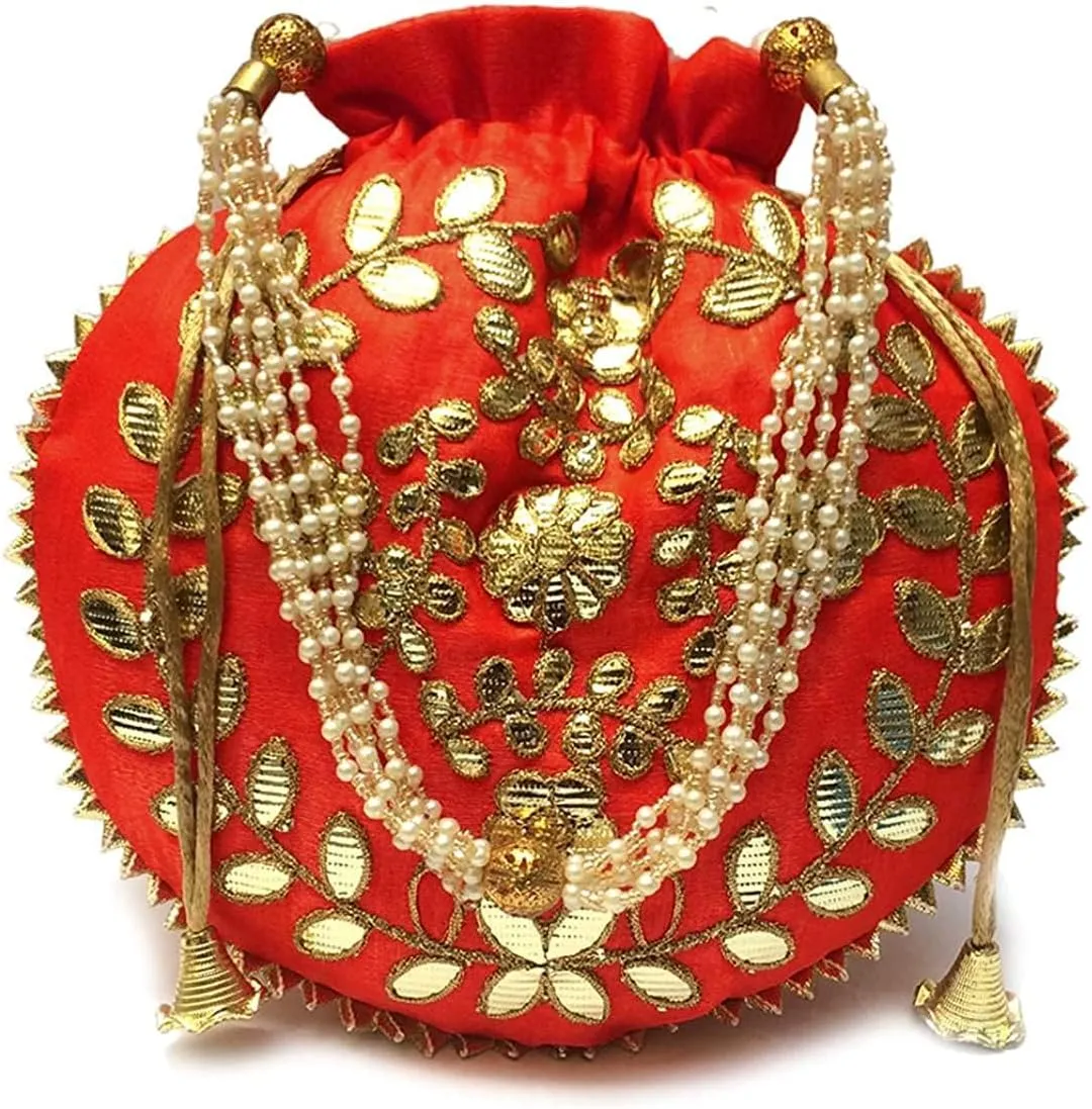 Red Gotta Patti Design Potli Bag for Wedding & Festive Favor Gift For Occasions Ethnic Handbag for Women Stylish Embellished Clutch Party Purse for Girls.