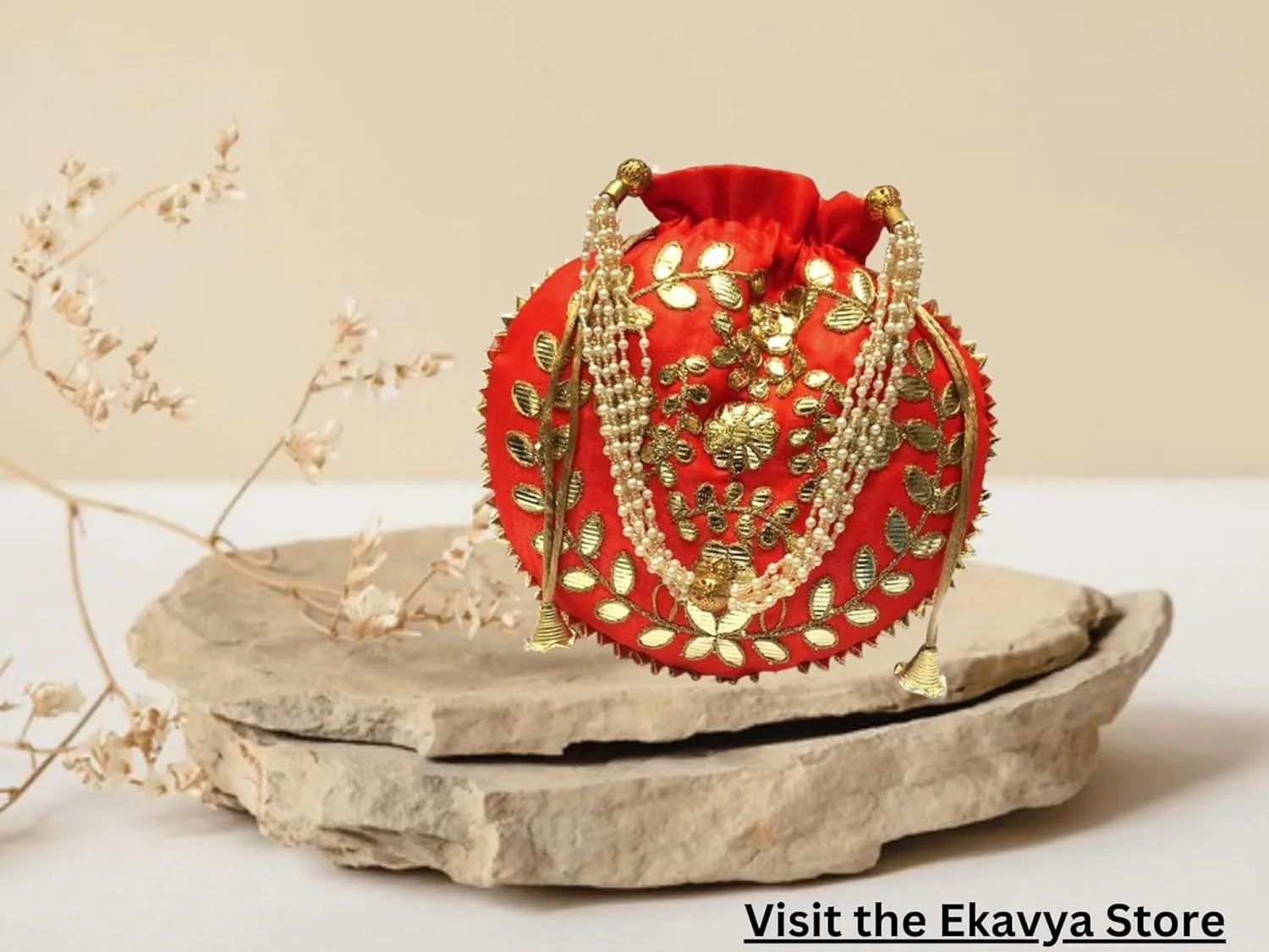 Red Gotta Patti Design Potli Bag for Wedding & Festive Favor Gift For Occasions Ethnic Handbag for Women Stylish Embellished Clutch Party Purse for Girls.
