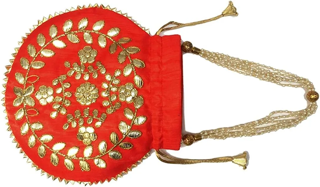Red Gotta Patti Design Potli Bag for Wedding & Festive Favor Gift For Occasions Ethnic Handbag for Women Stylish Embellished Clutch Party Purse for Girls.