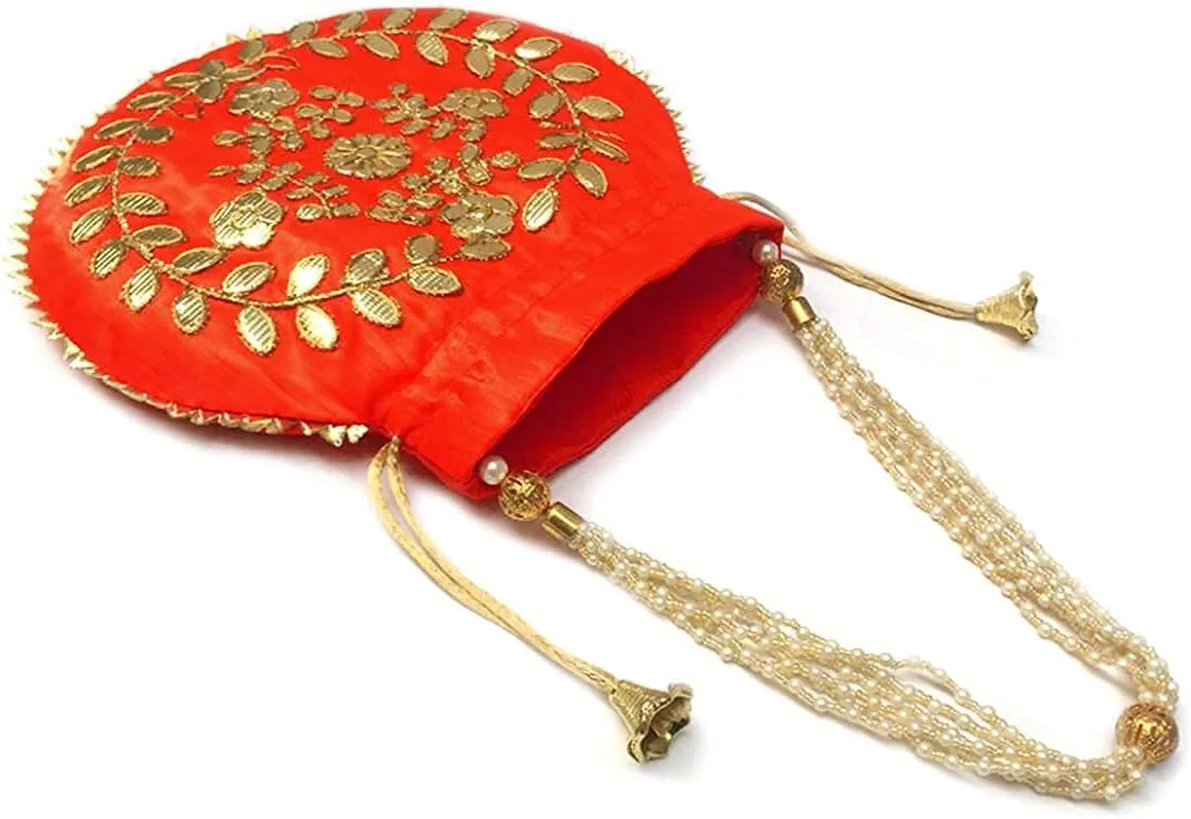 Red Gotta Patti Design Potli Bag for Wedding & Festive Favor Gift For Occasions Ethnic Handbag for Women Stylish Embellished Clutch Party Purse for Girls.