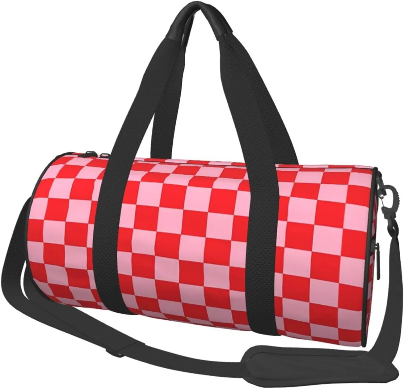 Red Pinks Checkered Round Travel Duffel Bag Large Capacity Gym Sports Bags for Hiking Vacation Trips