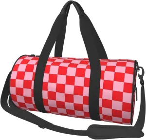 Red Pinks Checkered Round Travel Duffel Bag Large Capacity Gym Sports Bags for Hiking Vacation Trips