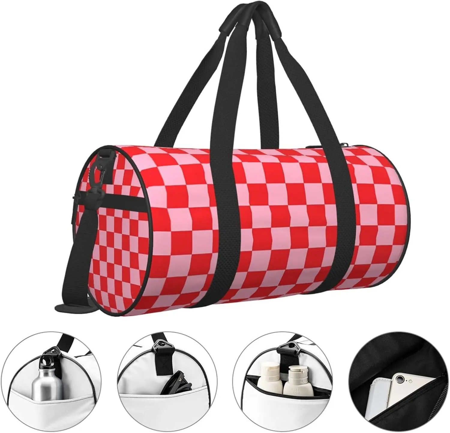 Red Pinks Checkered Round Travel Duffel Bag Large Capacity Gym Sports Bags for Hiking Vacation Trips
