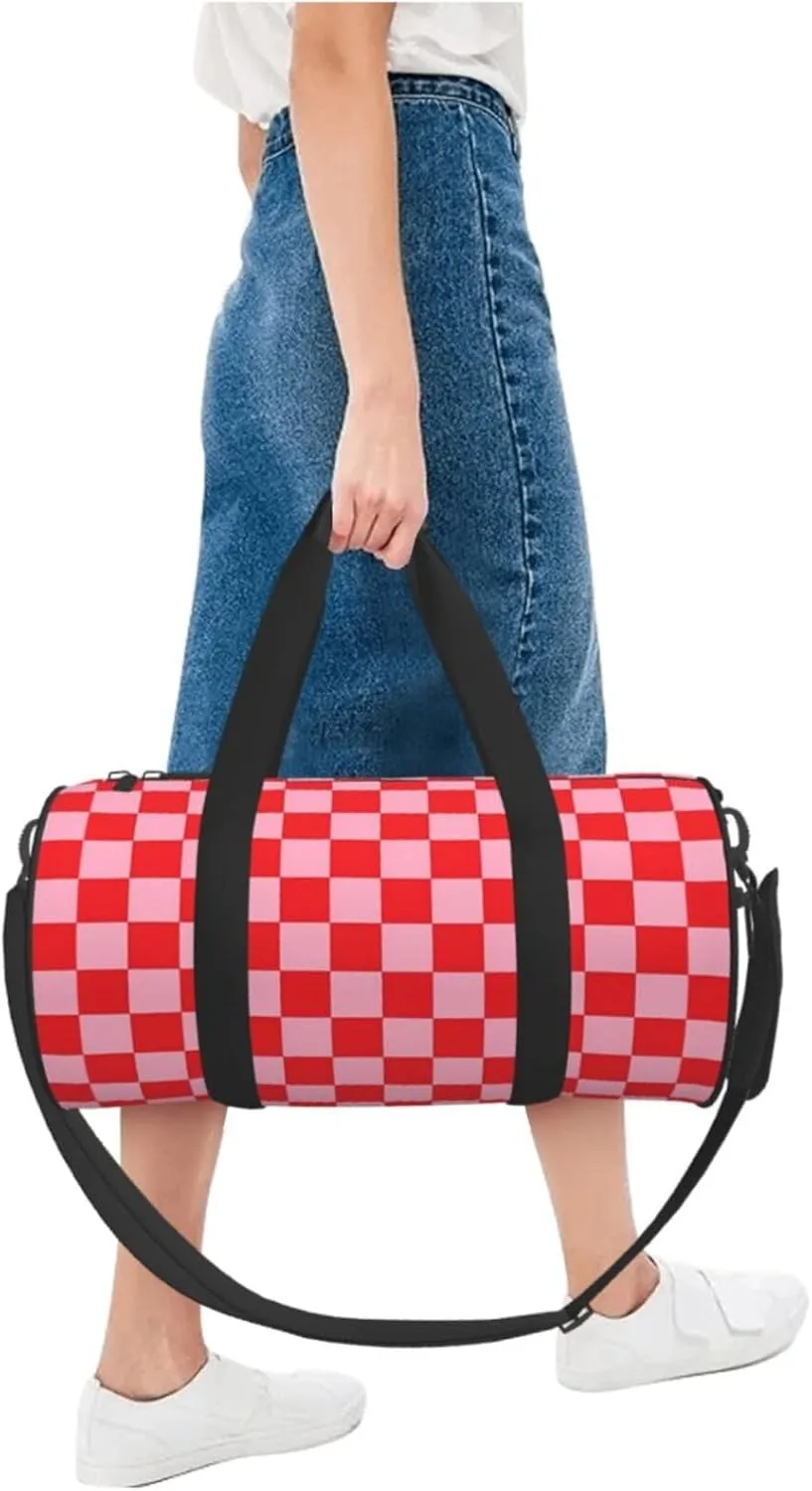 Red Pinks Checkered Round Travel Duffel Bag Large Capacity Gym Sports Bags for Hiking Vacation Trips