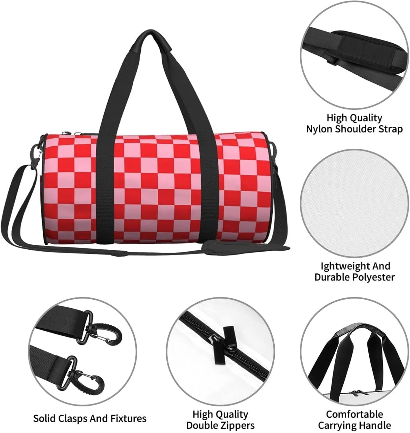 Red Pinks Checkered Round Travel Duffel Bag Large Capacity Gym Sports Bags for Hiking Vacation Trips