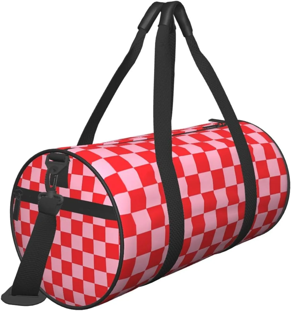 Red Pinks Checkered Round Travel Duffel Bag Large Capacity Gym Sports Bags for Hiking Vacation Trips