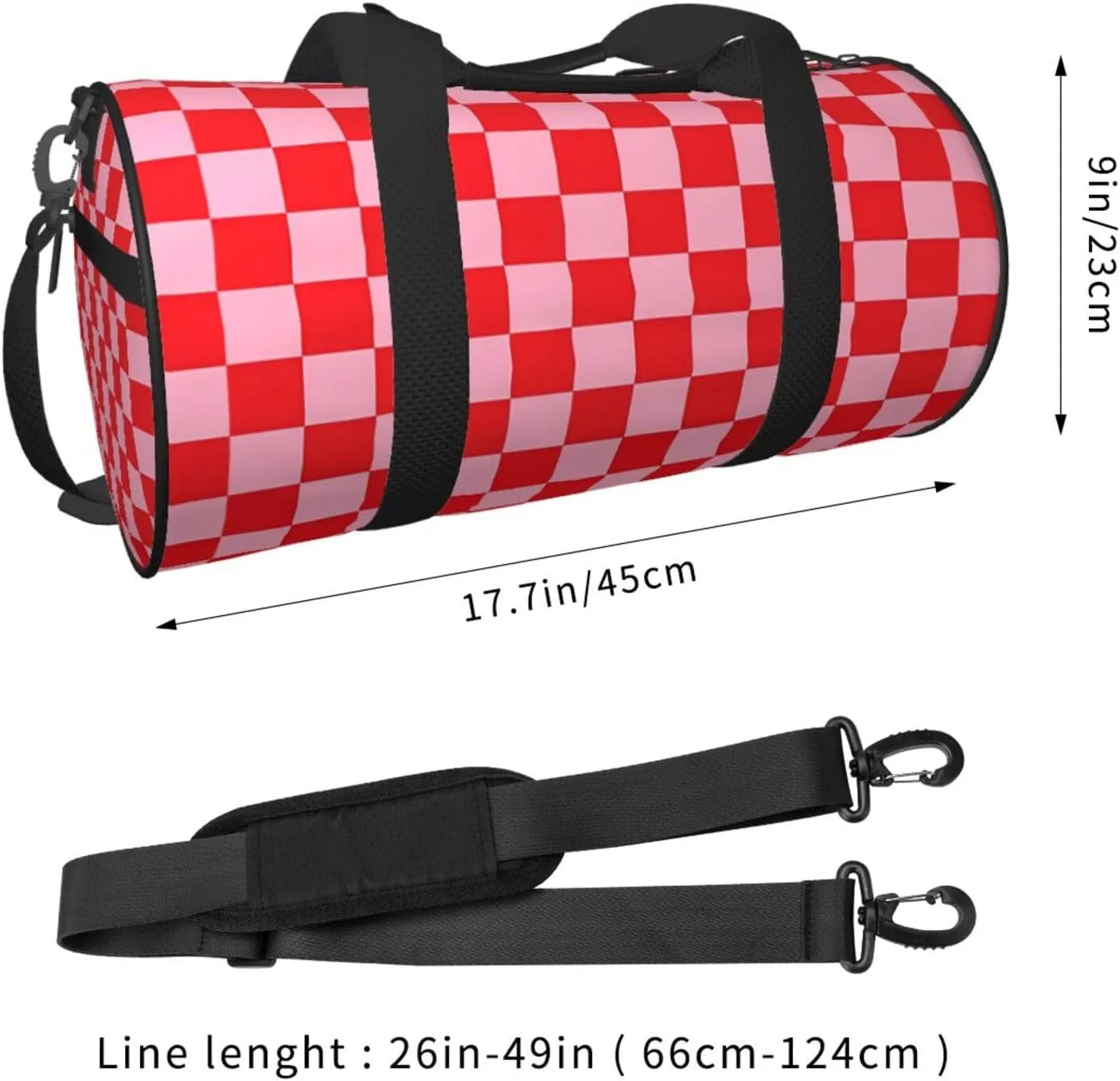 Red Pinks Checkered Round Travel Duffel Bag Large Capacity Gym Sports Bags for Hiking Vacation Trips