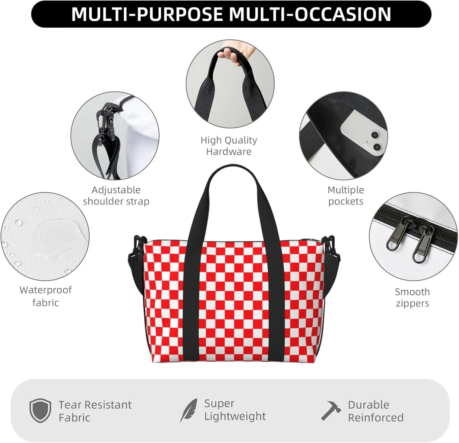 Red White Checkered Travel Duffel Bags for Women Men, Sports Training Gym Bag Dance Bag with Adjustable Shoulder Strap Racing Weekender Overnight Bag