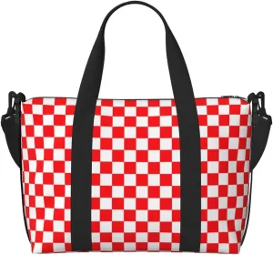 Red White Checkered Travel Duffel Bags for Women Men, Sports Training Gym Bag Dance Bag with Adjustable Shoulder Strap Racing Weekender Overnight Bag