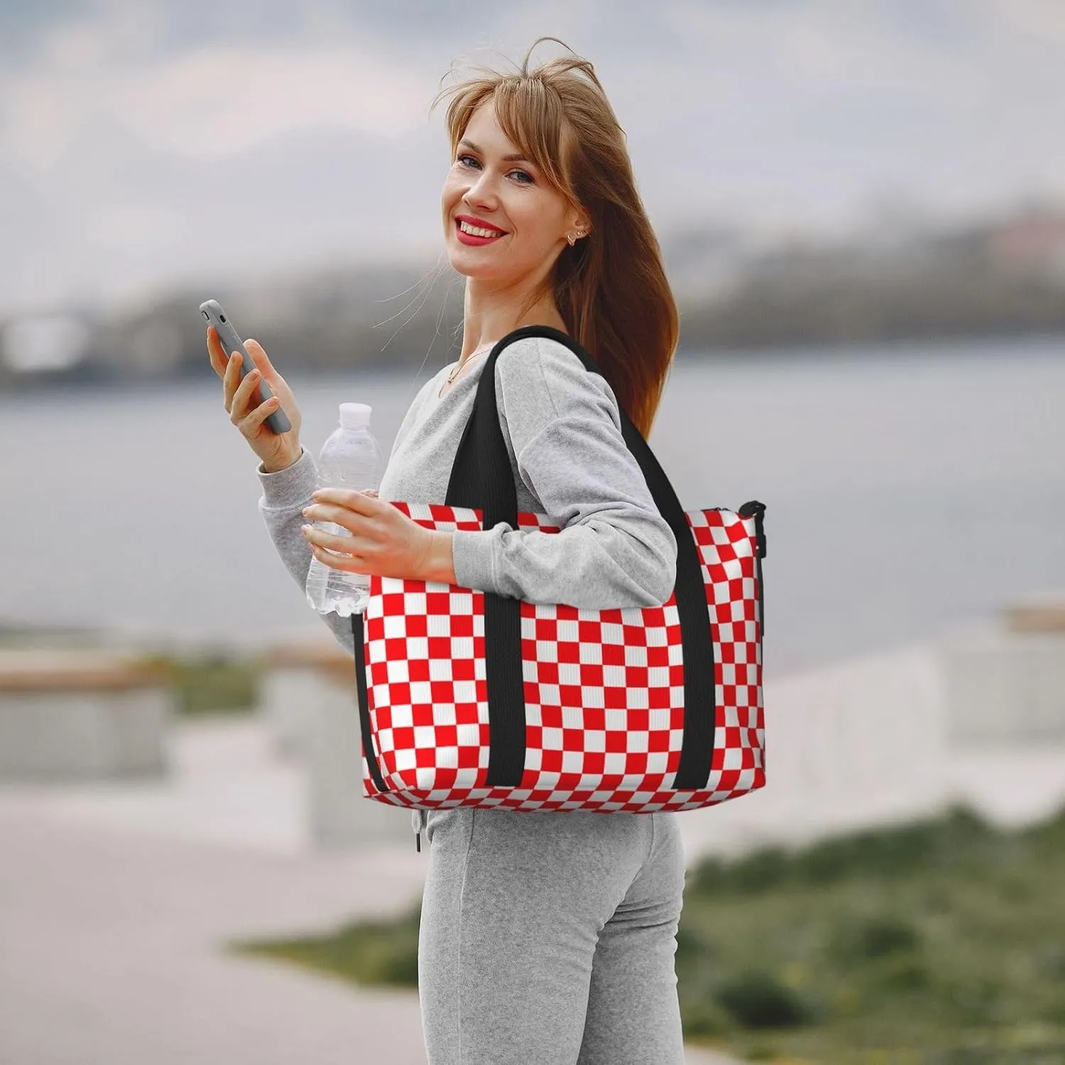 Red White Checkered Travel Duffel Bags for Women Men, Sports Training Gym Bag Dance Bag with Adjustable Shoulder Strap Racing Weekender Overnight Bag