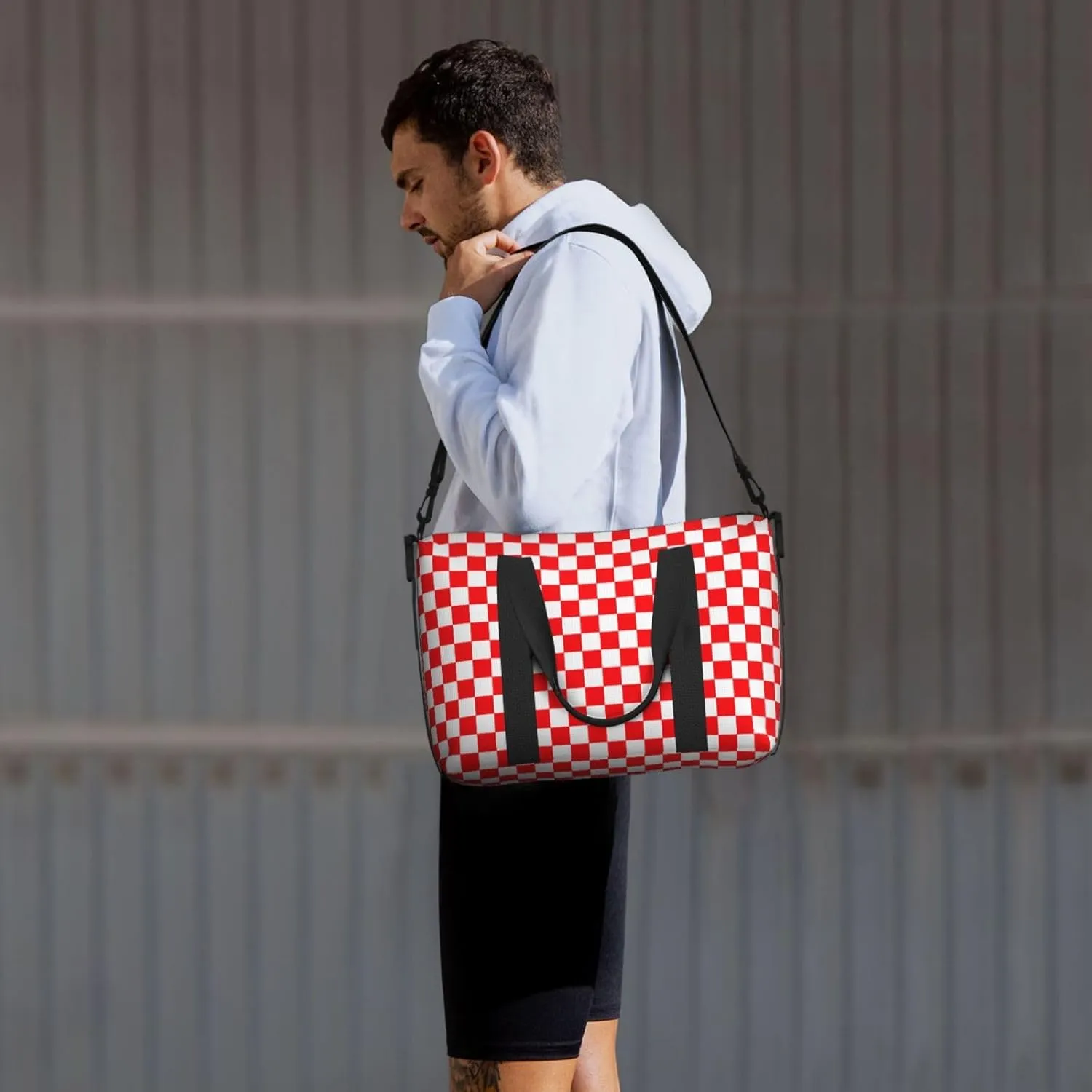 Red White Checkered Travel Duffel Bags for Women Men, Sports Training Gym Bag Dance Bag with Adjustable Shoulder Strap Racing Weekender Overnight Bag