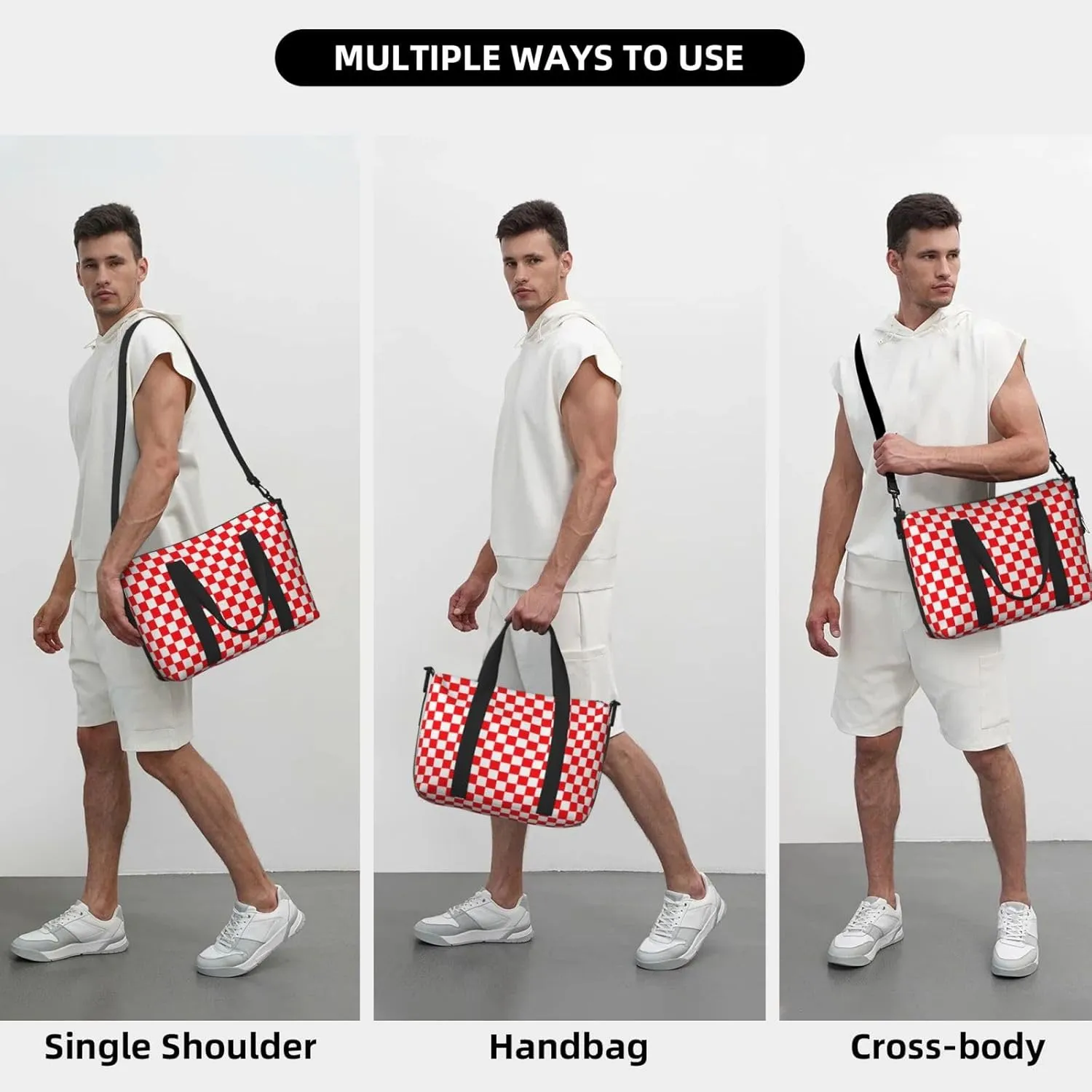 Red White Checkered Travel Duffel Bags for Women Men, Sports Training Gym Bag Dance Bag with Adjustable Shoulder Strap Racing Weekender Overnight Bag