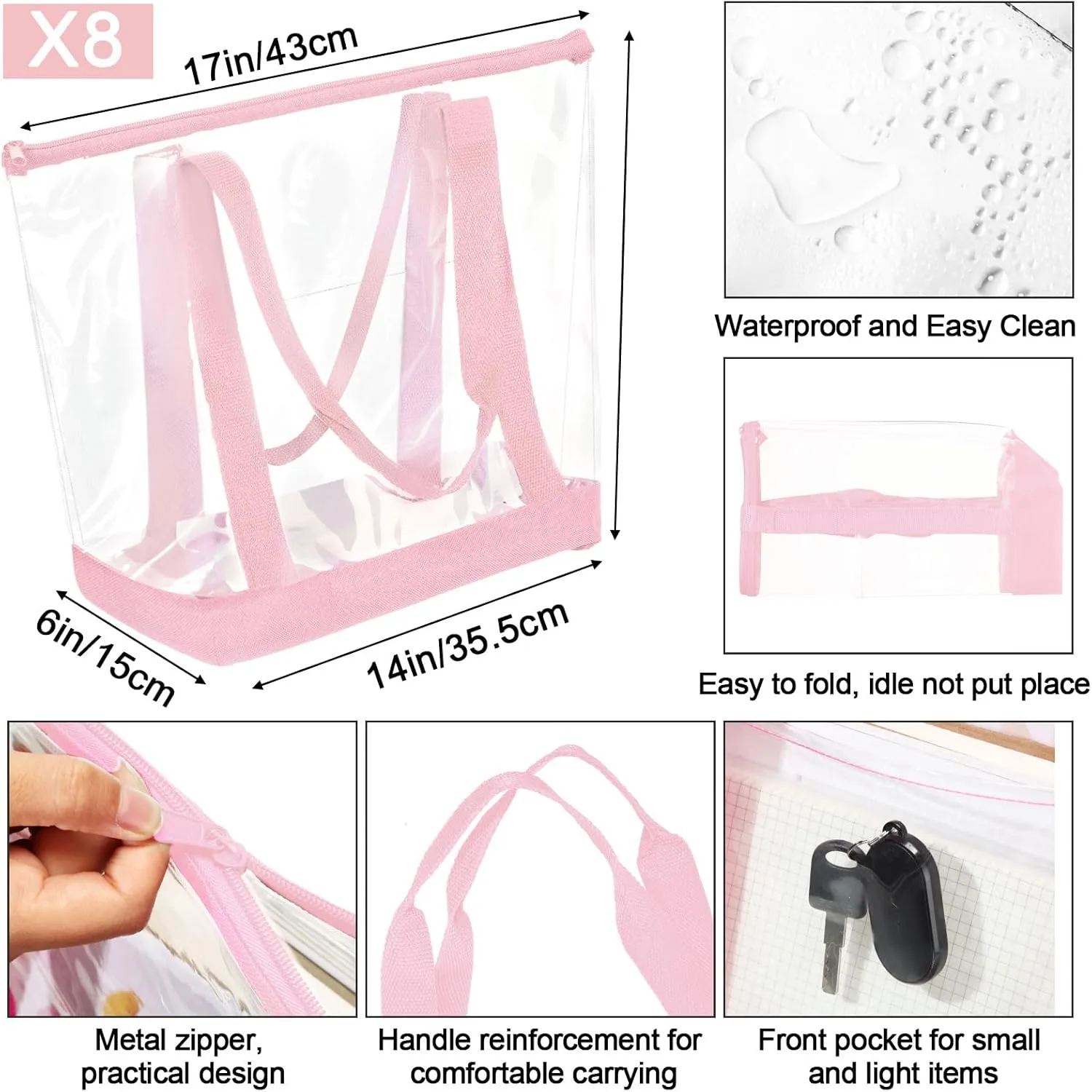 Reginary 8 Pieces Clear Tote Bags Shoulder Handbag Security Approved See Through Bag with Zipper Closure for Travel Work
