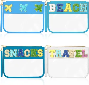 Remerry 4 Pack Chenille Letter Bag Clear Monogram Cosmetic Makeup Bag Travel Snack Beach Stuff Patch Pouch Preppy Gifts for Women Girls