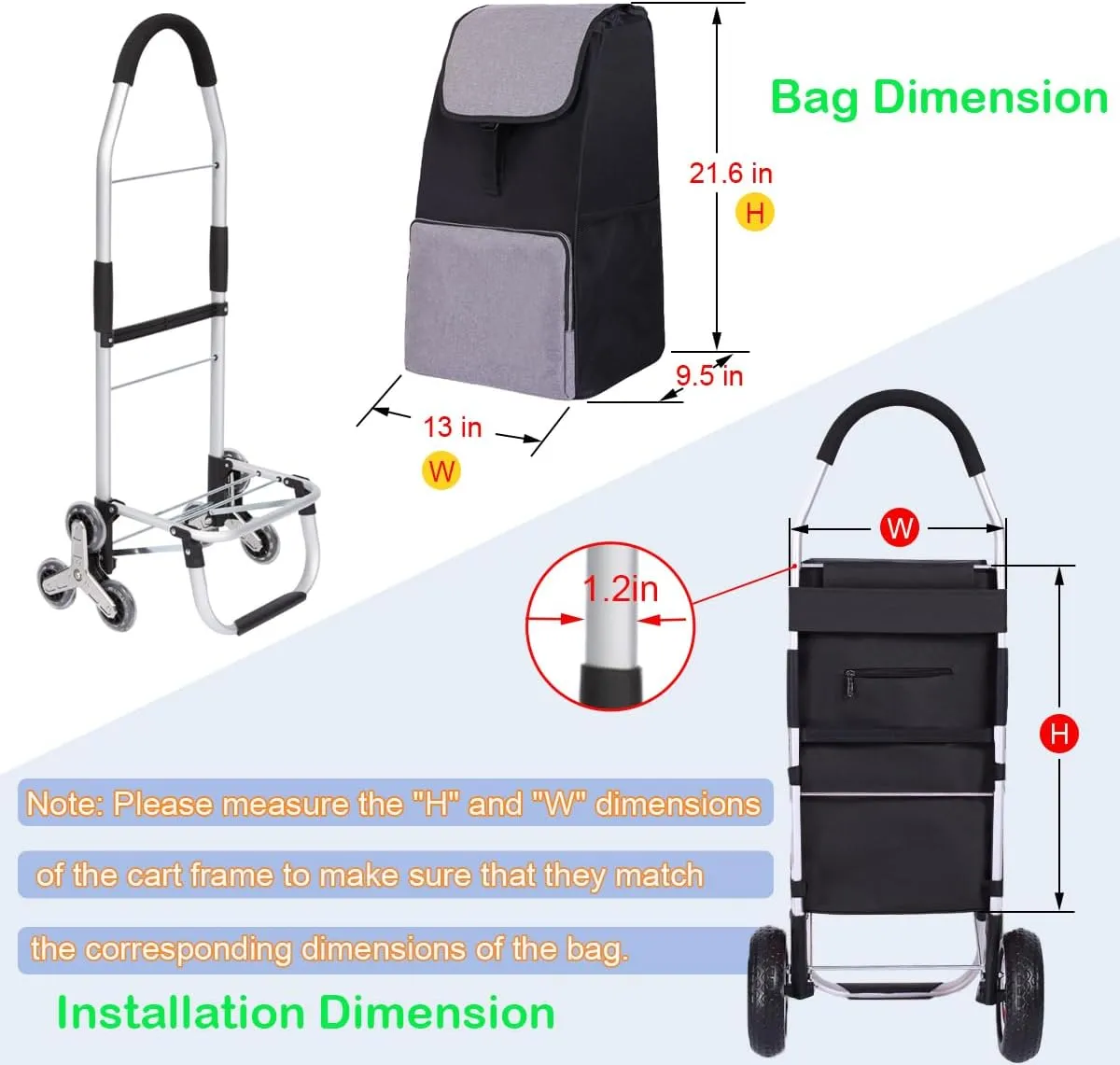 Replacement Bag for Grocery Cart/Shopping Cart - Waterproof Trolley Bags, for Aluminium Alloy Frame, 13inx10inx22in (Black)