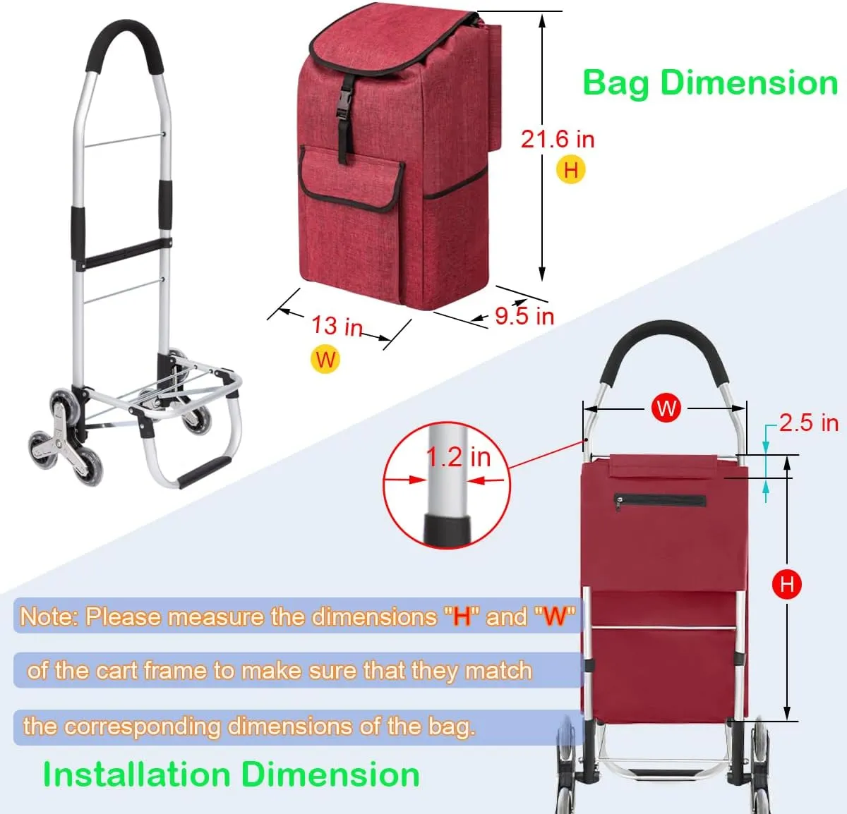 Replacement Bag for Grocery Cart/Shopping Cart - Waterproof Trolley Bags, for Aluminium Alloy Frame, 13inx9.5inx21.6in (Red)